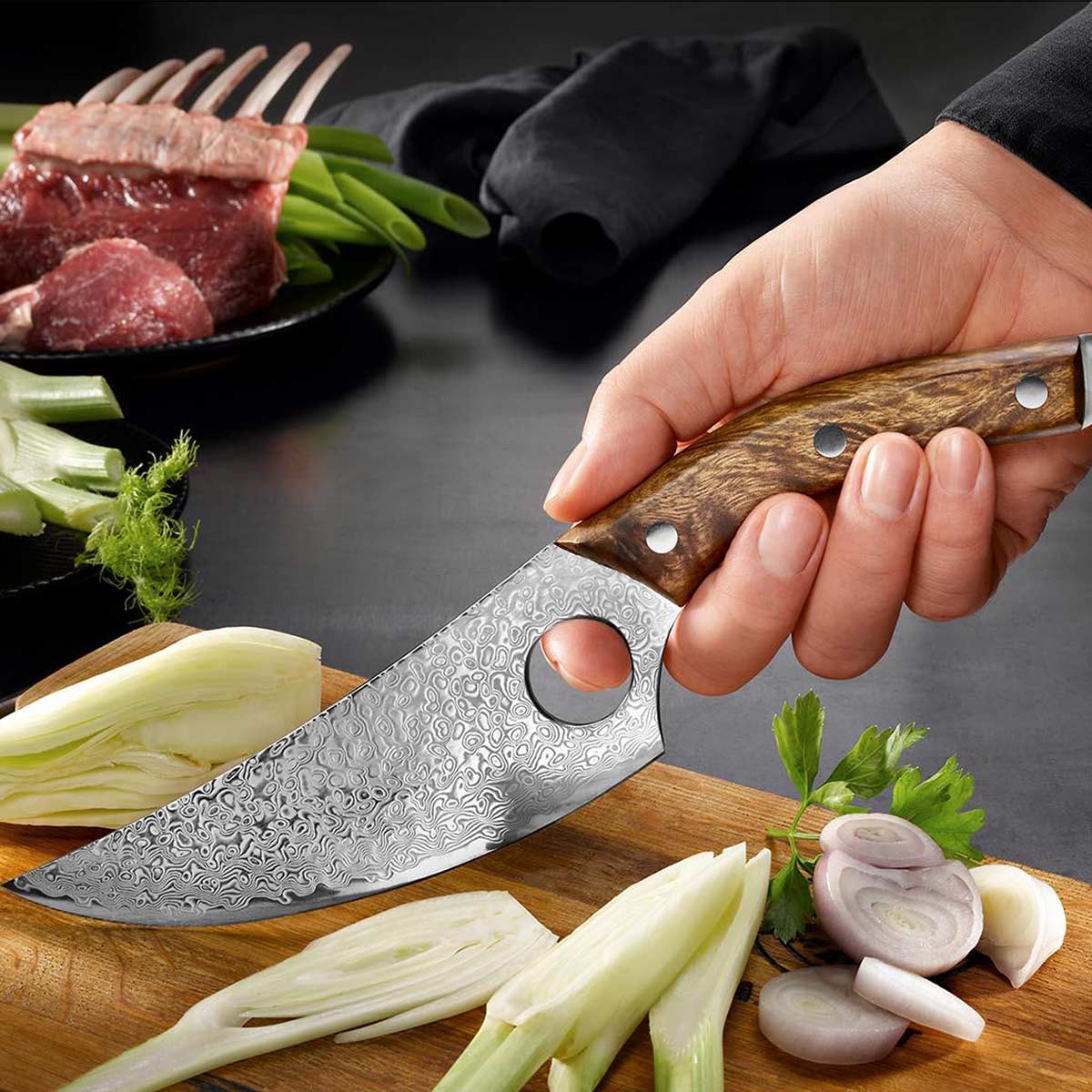 Ultrascharfes Damast Butcher-Messer mit Griffloch für sicheren Halt