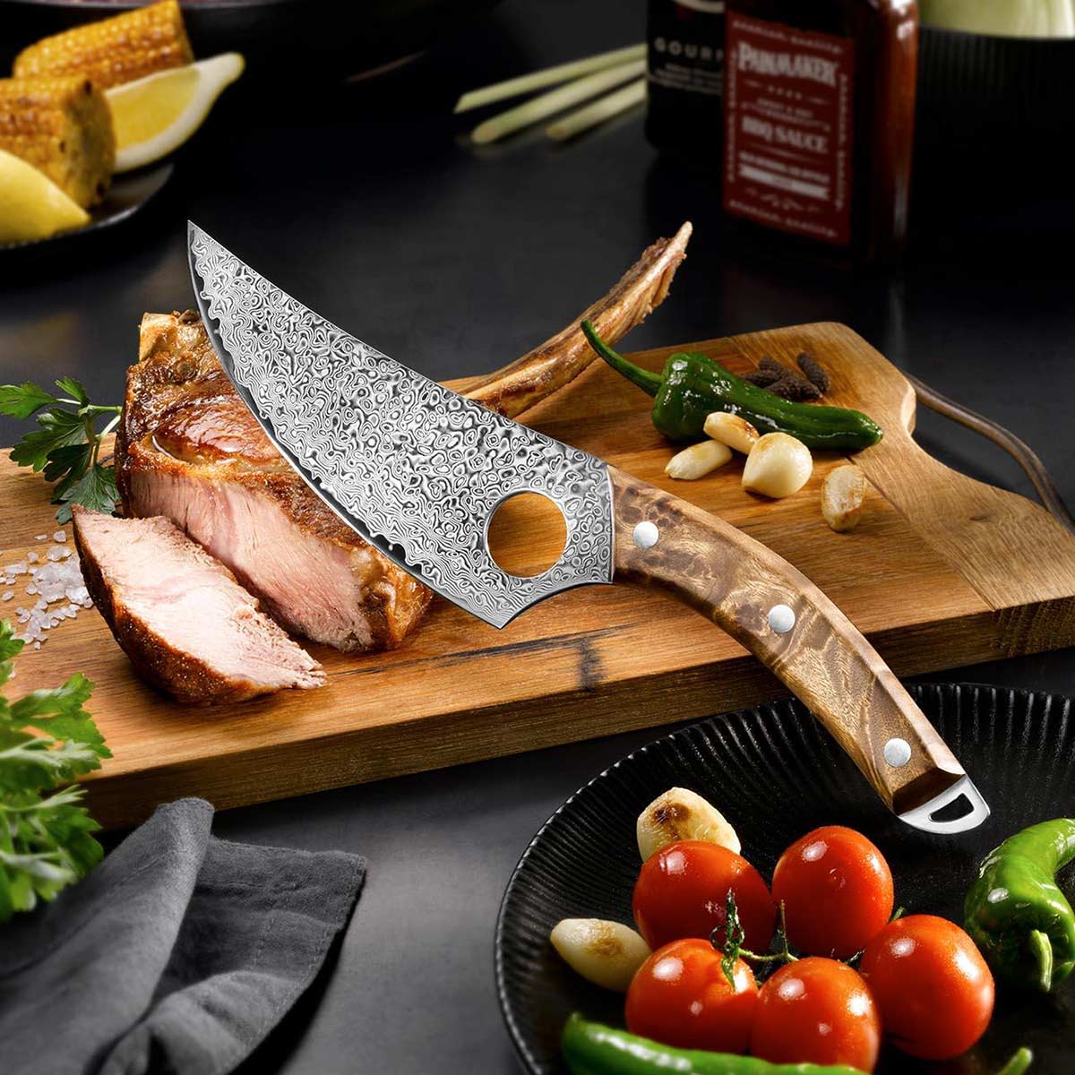 Ultrascharfes Damast Butcher-Messer mit Griffloch für sicheren Halt